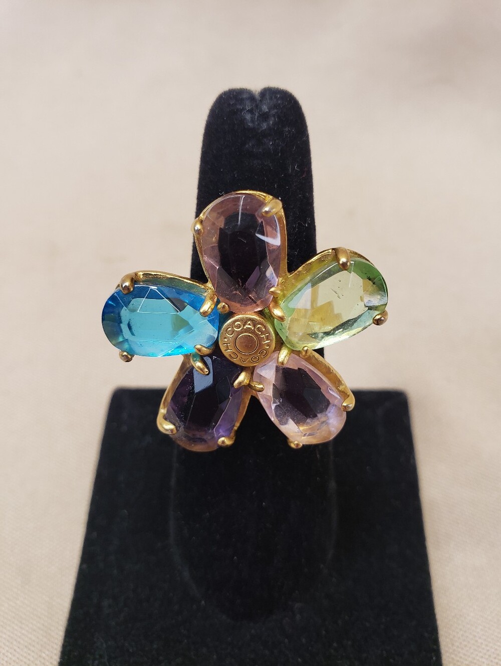 Coach Multicolor Floral Crystal Ring with Gold-Tone Accents